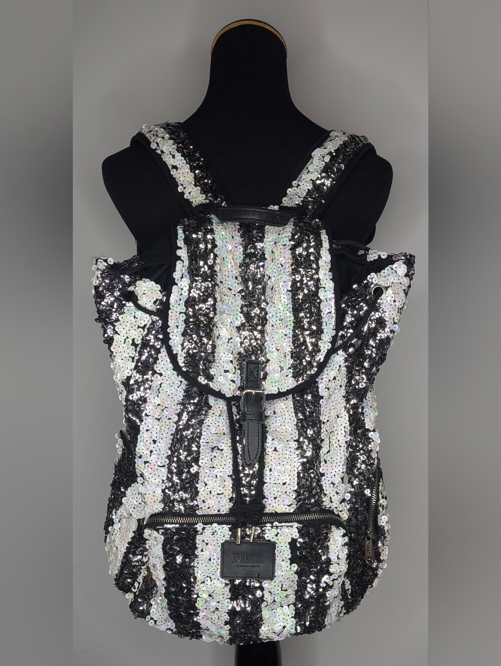 Rare Victoria’s Secret PINK Black White Stripe Bling Sequin Canvas Backpack